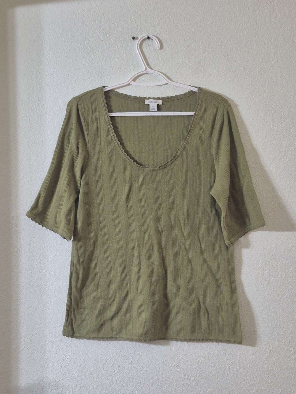 Sundance Olive Green Ribbed Scoop Neck Short Sleeve Top